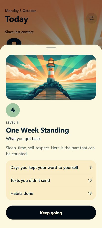 A level card, One Week Standing, with counts of days kept, texts not sent and habits done.