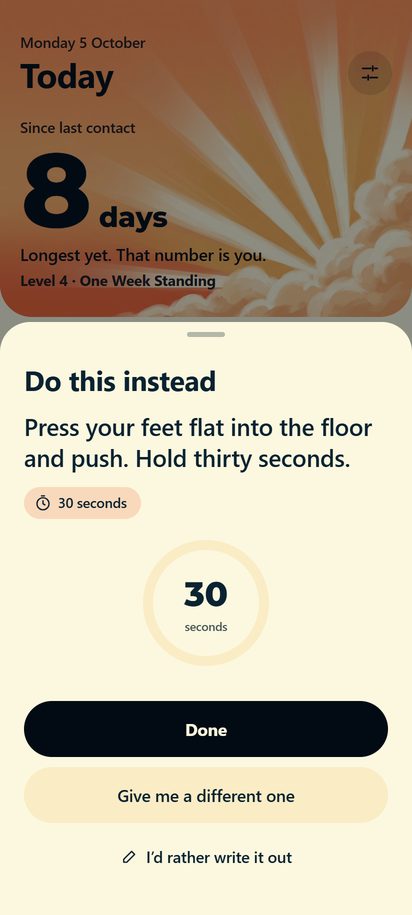 A task card: press your feet flat into the floor and push, thirty seconds.