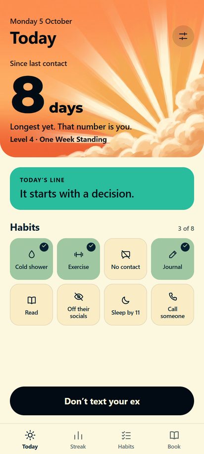 The Today screen with the Don't text your ex button at the bottom.